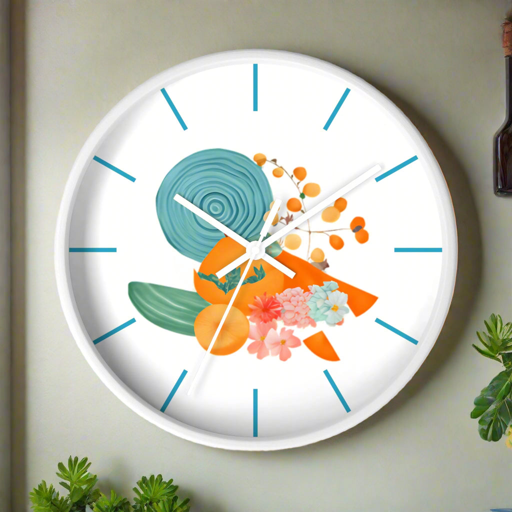 Decorative clock with floral, geometric design on a white background