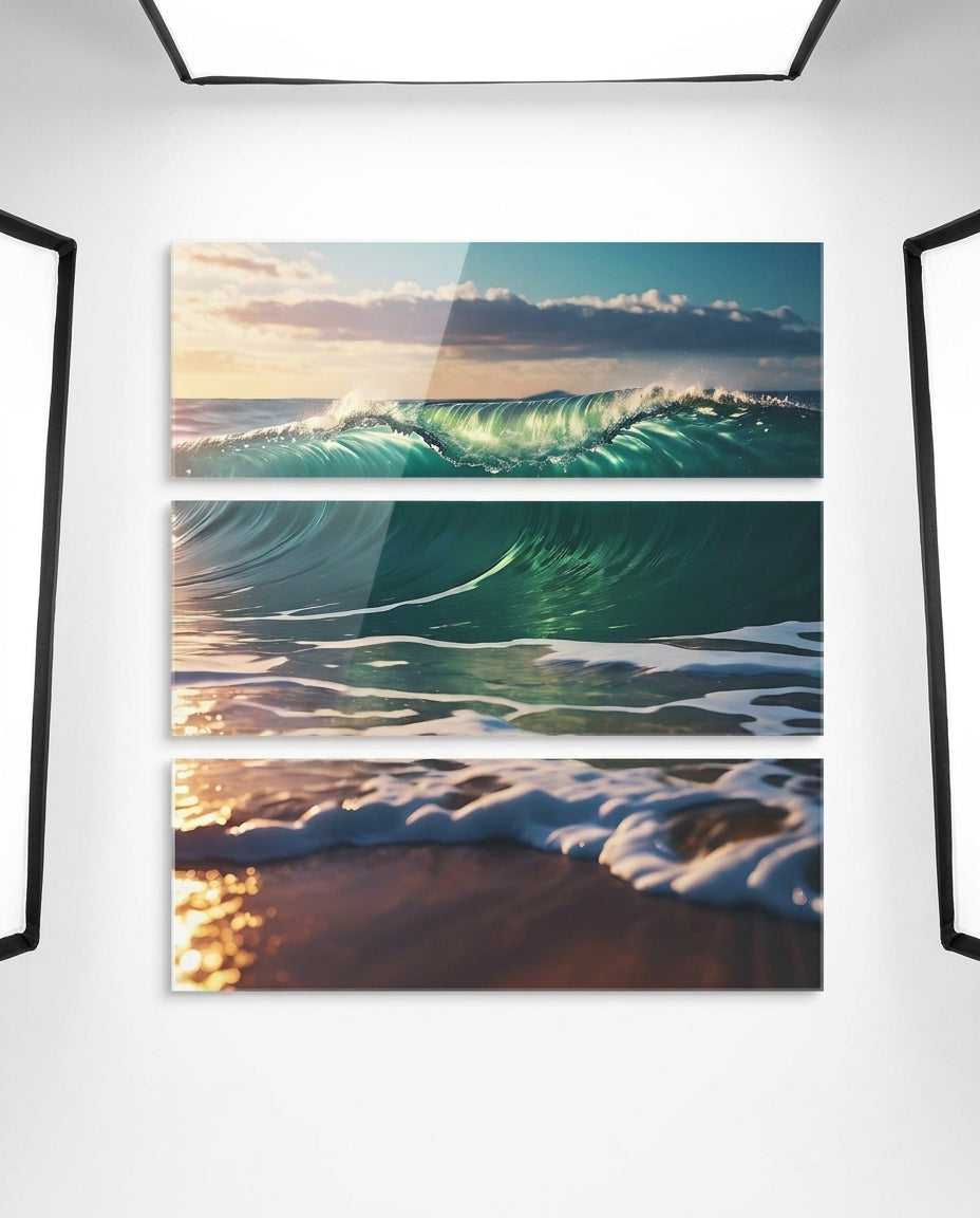 Acrylic Glass Wall Art Triptych — Straight-On Gallery View | Generated by Modelize
