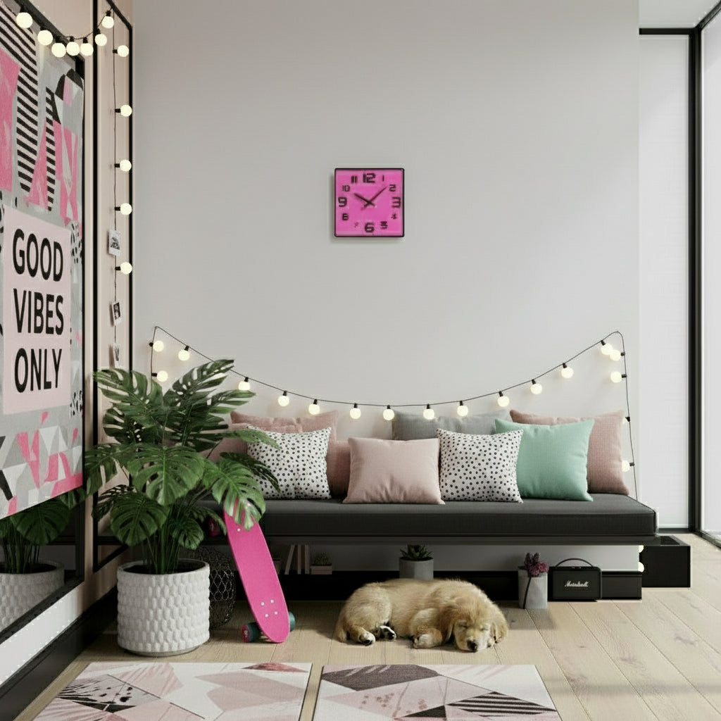Pink wall clock on a shelf with decorative items