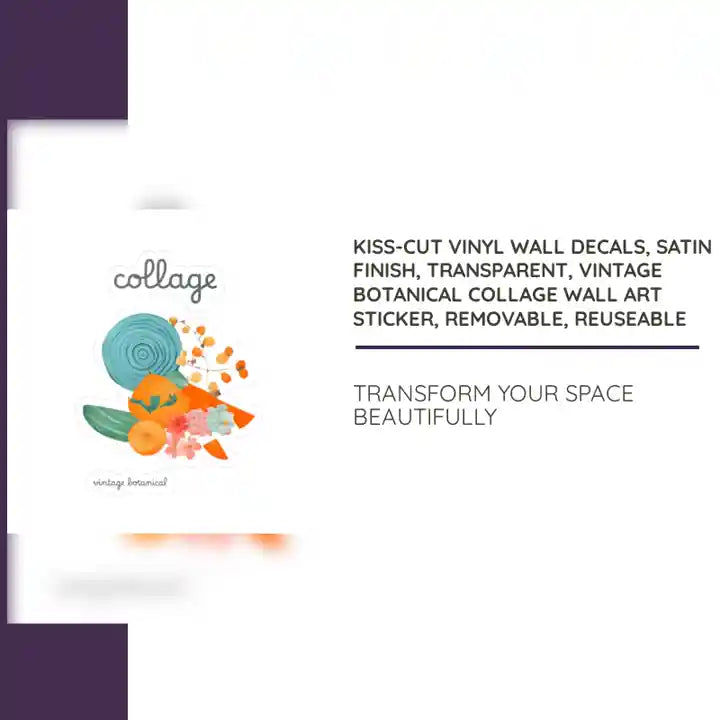 Kiss-Cut Vinyl Wall Decals, Satin Finish, Transparent, Vintage Botanical Collage Wall Art Sticker, Removable, Reuseable by@Outfy