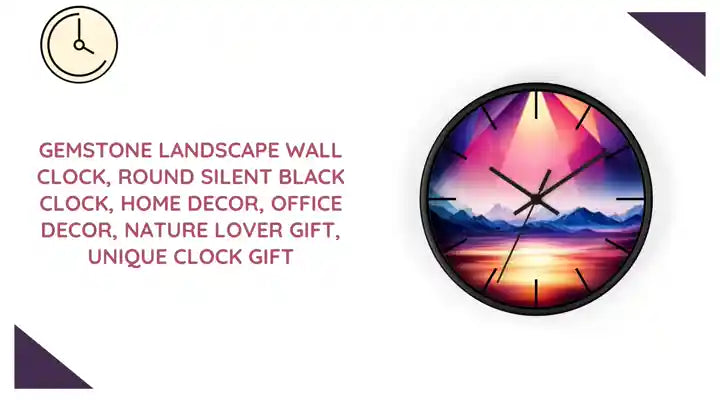 Gemstone Landscape Wall Clock, Round Silent Black Clock, Home Decor, Office Decor, Nature Lover Gift, Unique Clock Gift by@Outfy