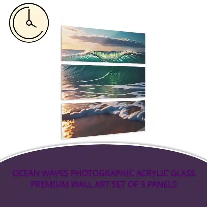 Ocean Waves Photographic Acrylic Glass Premium Wall Art Set of 3 Panels by@Outfy
