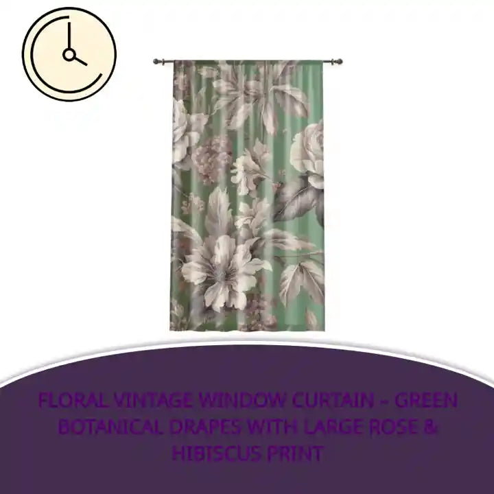 Floral Vintage Window Curtain &ndash; Green Botanical Drapes with Large Rose &amp; Hibiscus Print by@Outfy