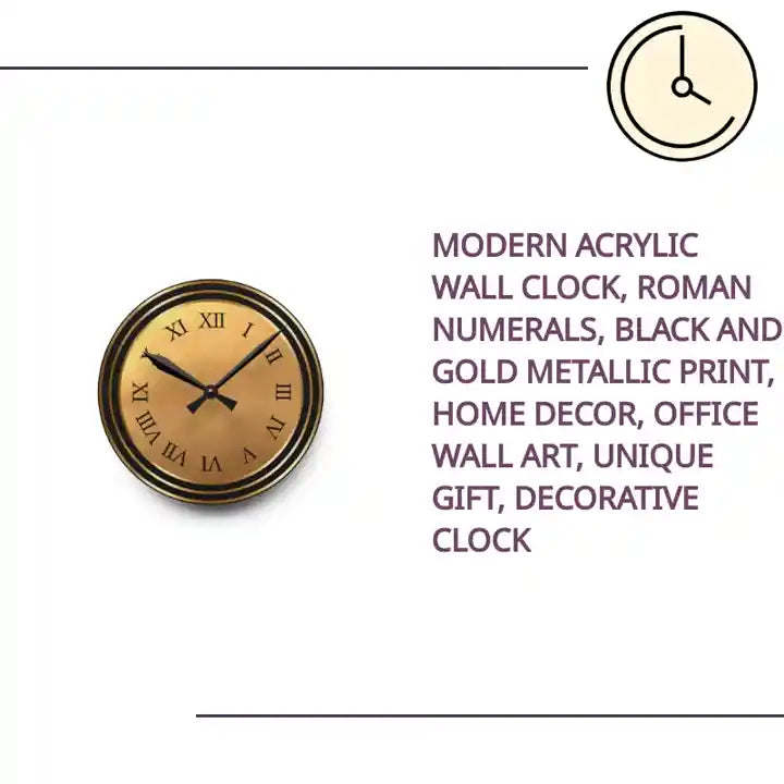 Modern Acrylic Wall Clock, Roman Numerals, Black and Gold Metallic Print, Home Decor, Office Wall Art, Unique Gift, Decorative Clock by@Outfy