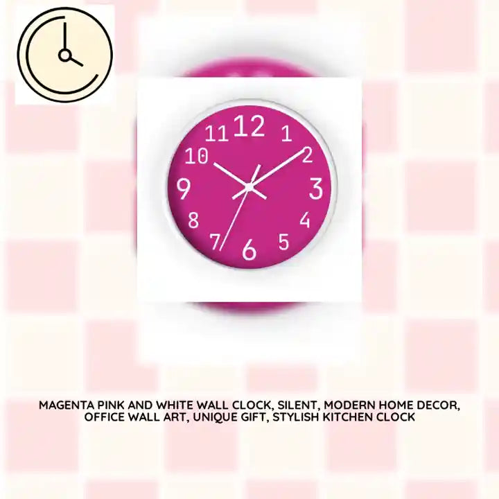Magenta Pink and White Wall Clock, Silent, Modern Home Decor, Office Wall Art, Unique Gift, Stylish Kitchen Clock by@Outfy