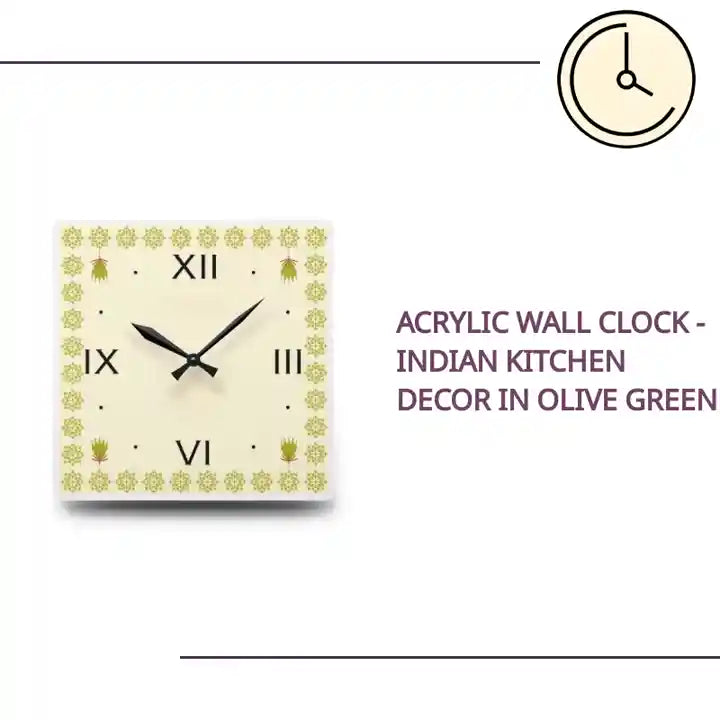 Acrylic Wall Clock - Indian Kitchen Decor in Olive Green by@Outfy