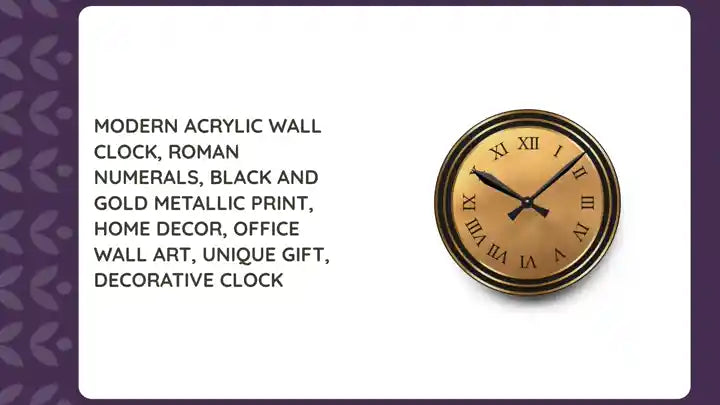 Modern Acrylic Wall Clock, Roman Numerals, Black and Gold Metallic Print, Home Decor, Office Wall Art, Unique Gift, Decorative Clock by@Outfy