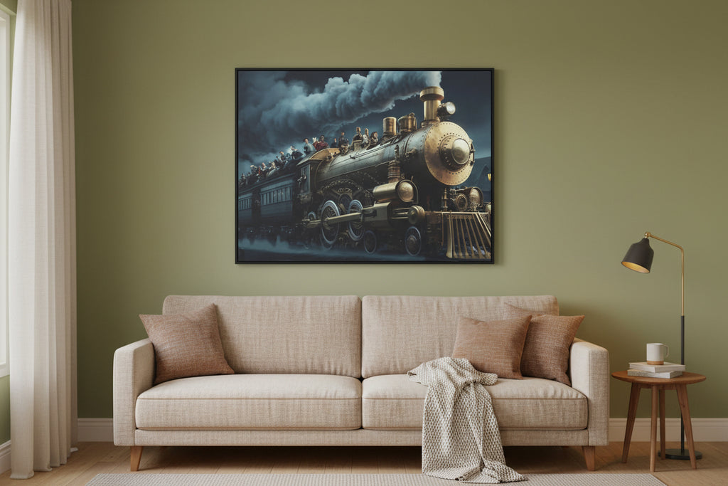 Vintage steam locomotive with passengers on a mountainous landscape