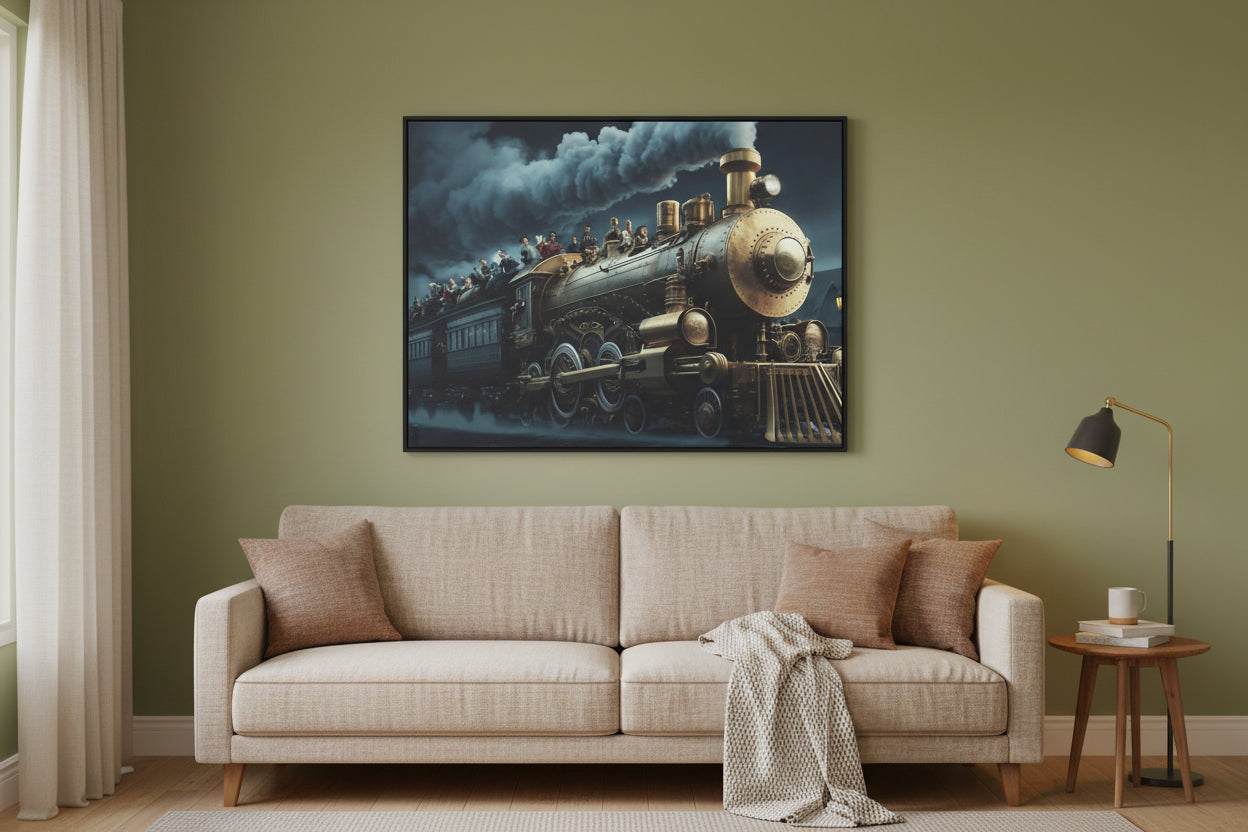 Vintage steam locomotive with passengers on a mountainous landscape