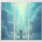 Triptych painting of a woman in a white dress standing at the base of a staircase leading to heaven, framed by clouds.