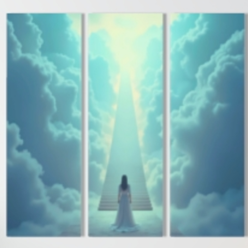 Triptych painting of a woman in a white dress standing at the base of a staircase leading to heaven, framed by clouds.