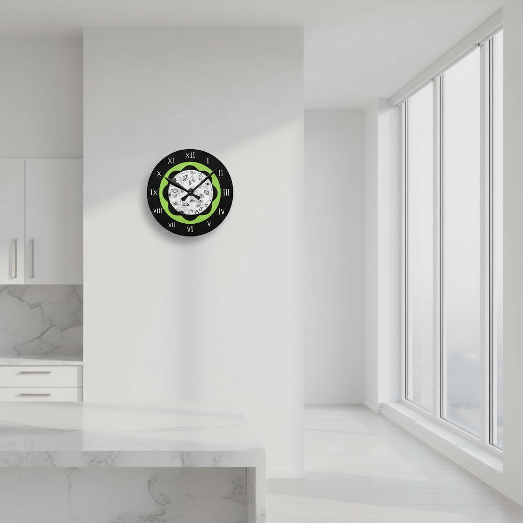 Round clock with black face, green accent, and white patterned center on a white background